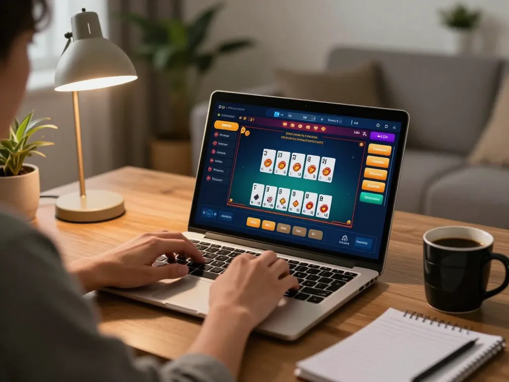 Hitclub user engaged in live dealer blackjack at home, showcasing strategic gaming atmosphere.