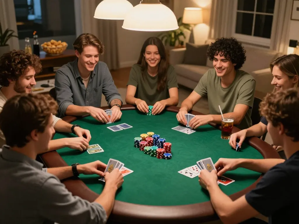 Friends enjoying a lively poker game night with chips and cards, showcasing the spirit of p789bet.