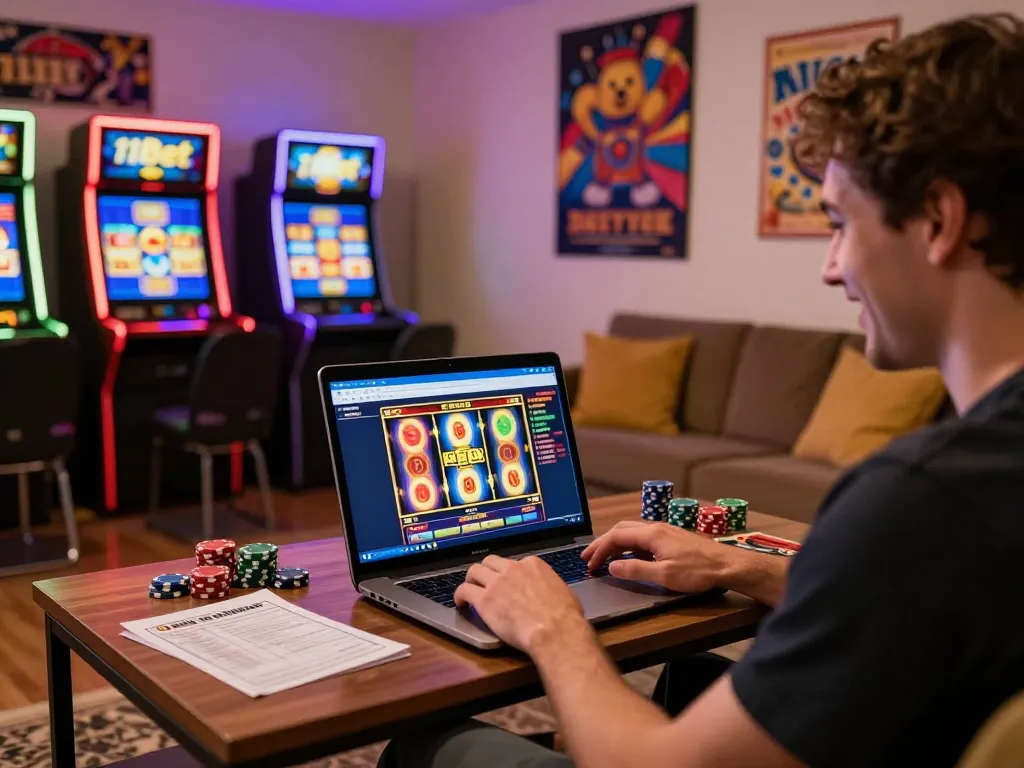 Engaging with 11bet online casino with vibrant slot reels in a cozy home environment.