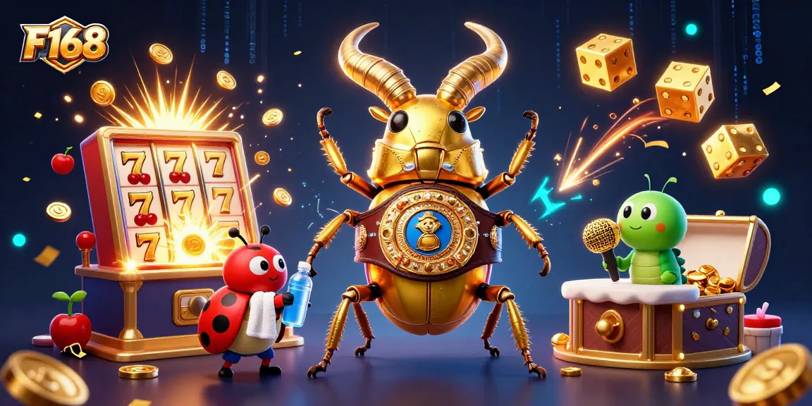 F168 showcases a vibrant 3D scene with a golden stag beetle and dynamic casino elements.