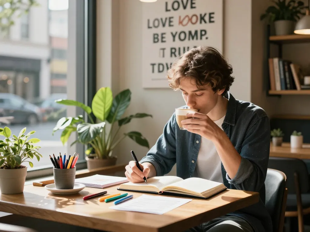 Cozy café scene with person reflecting on crush on paper, enhancing romantic aspirations.