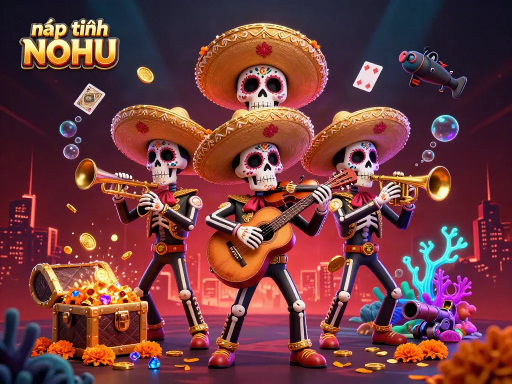 Engage with nạp tiền NOHU in a vibrant 3D scene featuring a mariachi band with gold coins and gems.