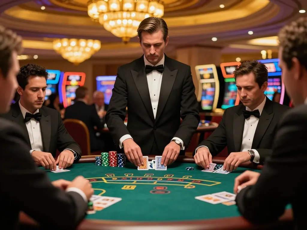 Engaged players at a CM88 blackjack table in a glamorous Vegas casino, highlighting high stakes and strategy.