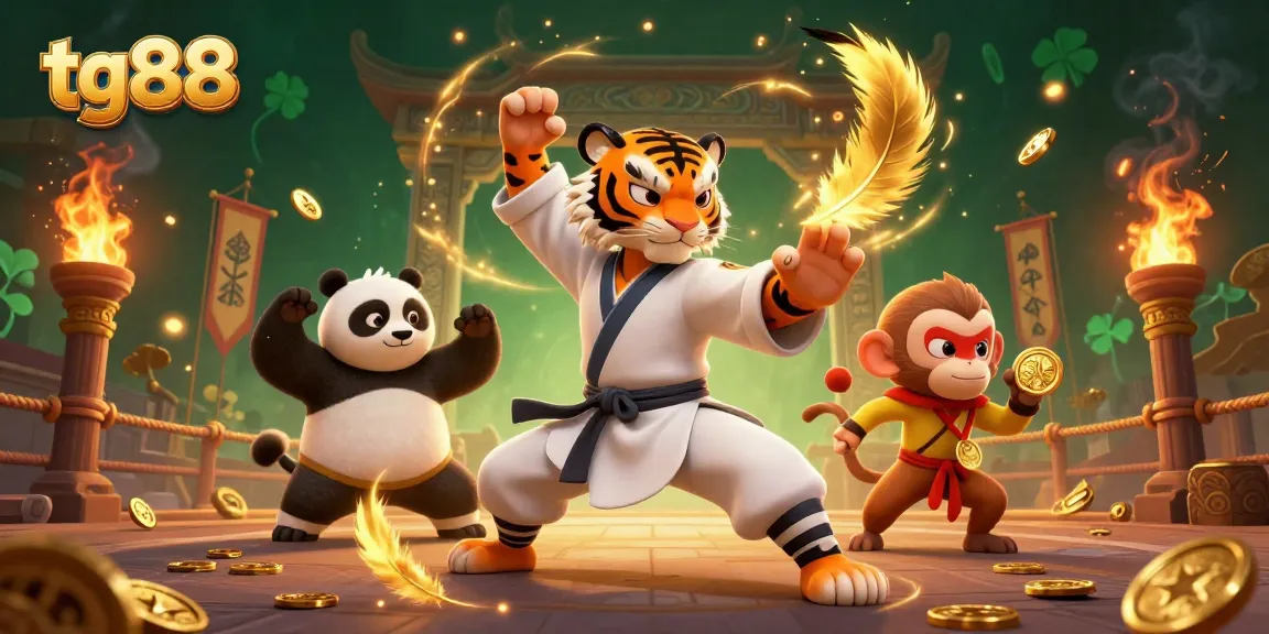 Join tg88 in an exciting dynamic scene as a kung fu tiger, panda disciple, and monkey student engage in a lively casino adventure.