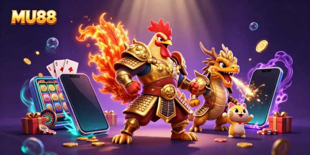 Engage with MU88, featuring a rooster warrior and dragon hatchling amid vibrant gambling elements.