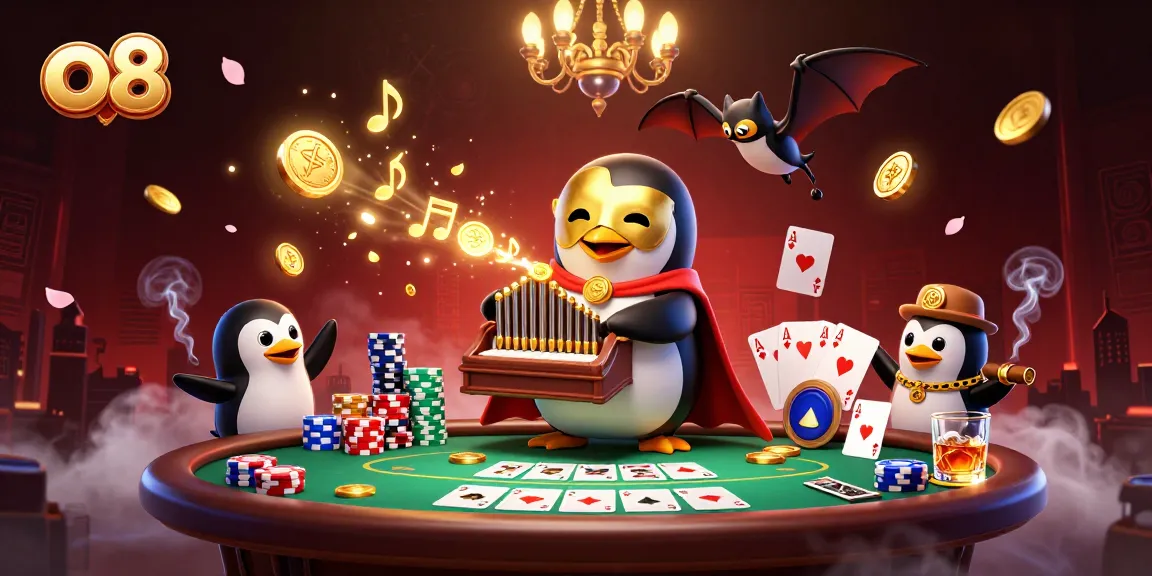 Experience o8's thrilling games with a penguin playing organ and dynamic casino elements.