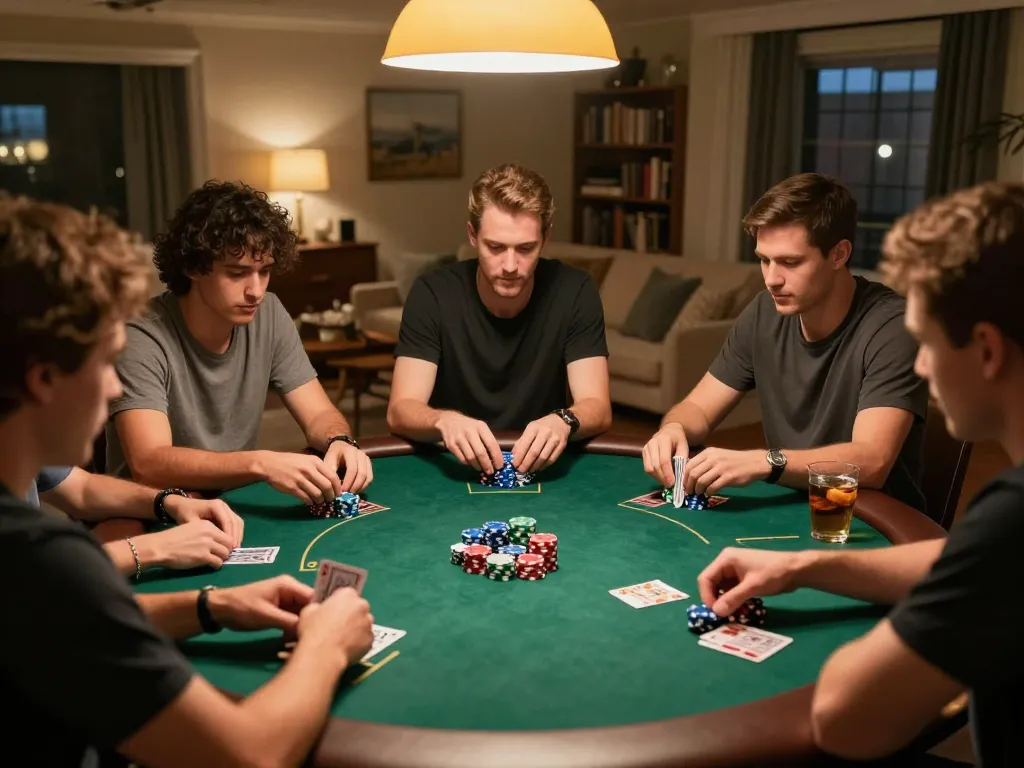 Players engaged in a home poker game showcasing strategic moments and camaraderie on s666hn.