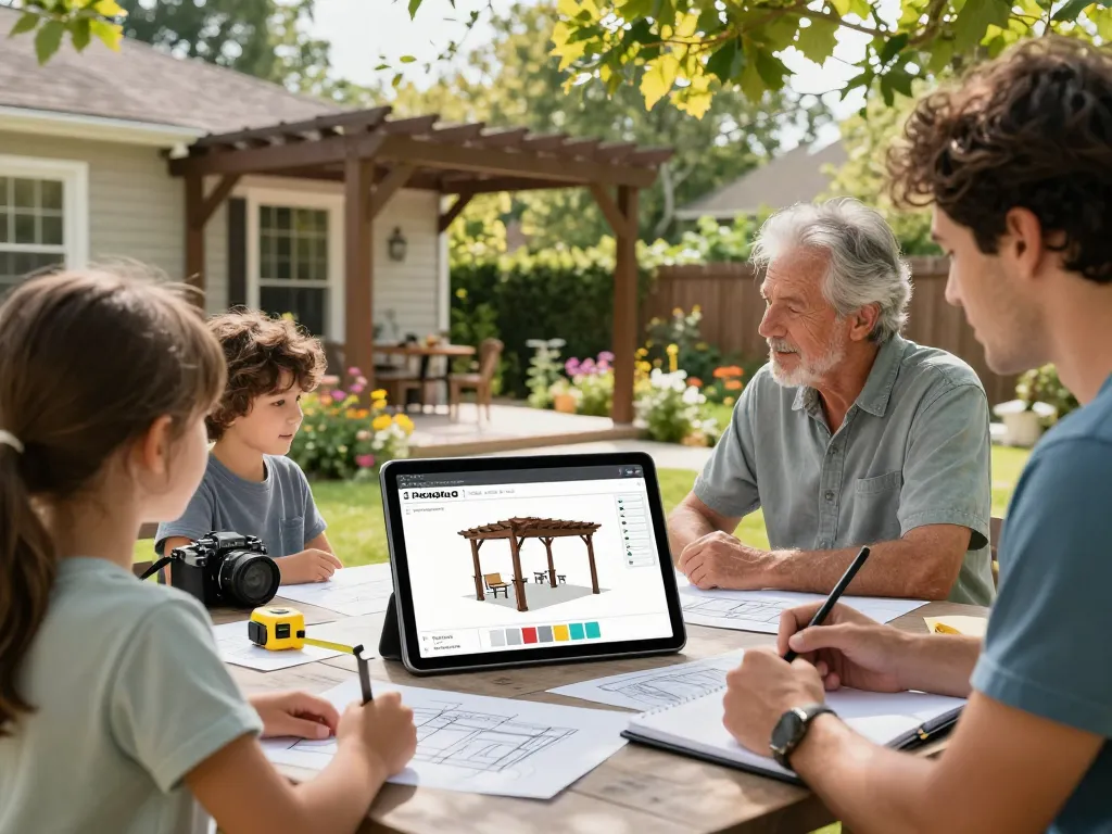 Homeowners using Pergola Configurator Software to design a custom backyard pergola in a sunny garden setting.