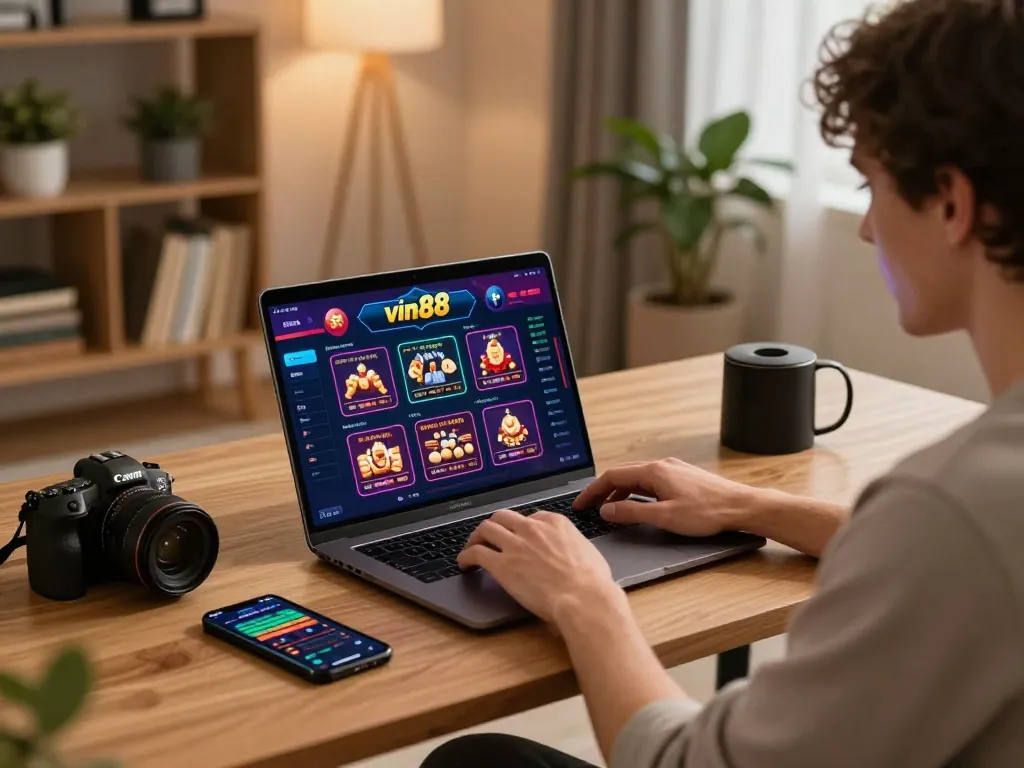 Player engaging with vin88 online casino interface on laptop at home, showcasing gambling atmosphere.