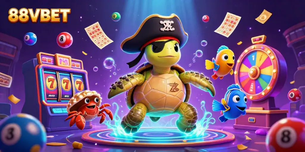 Engage in fun with the 88VBET pirate turtle and friends in a casino adventure filled with colors and excitement.