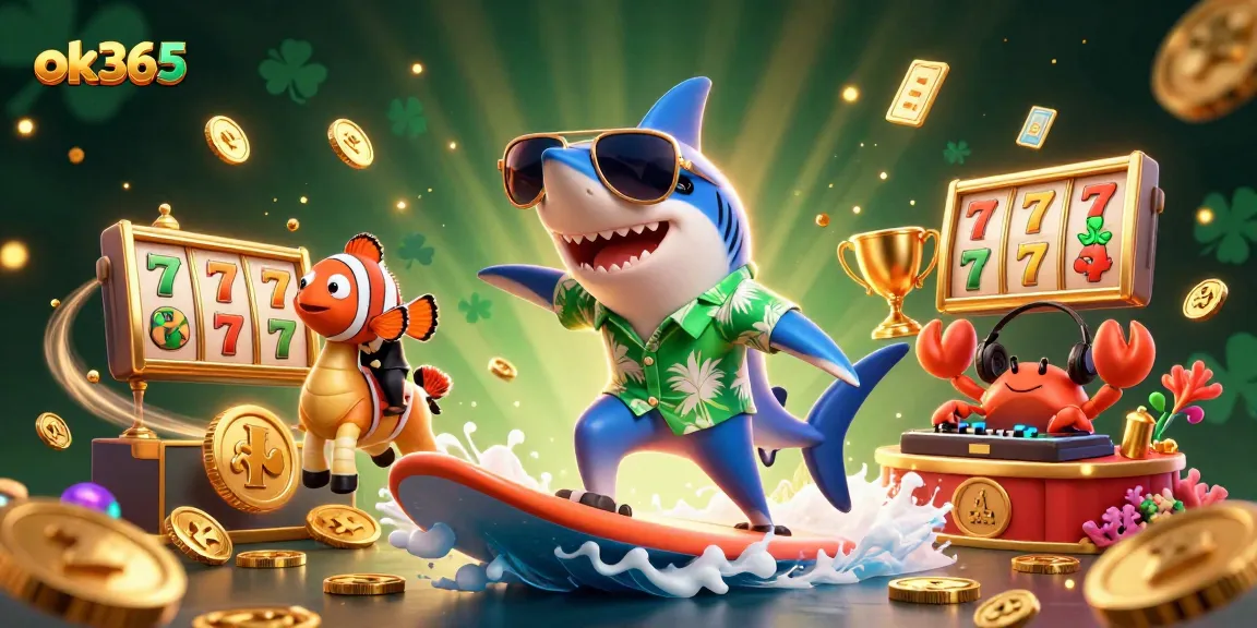Experience the excitement of ok365 slots with a vibrant 3D scene featuring a shark, clownfish, and crab.