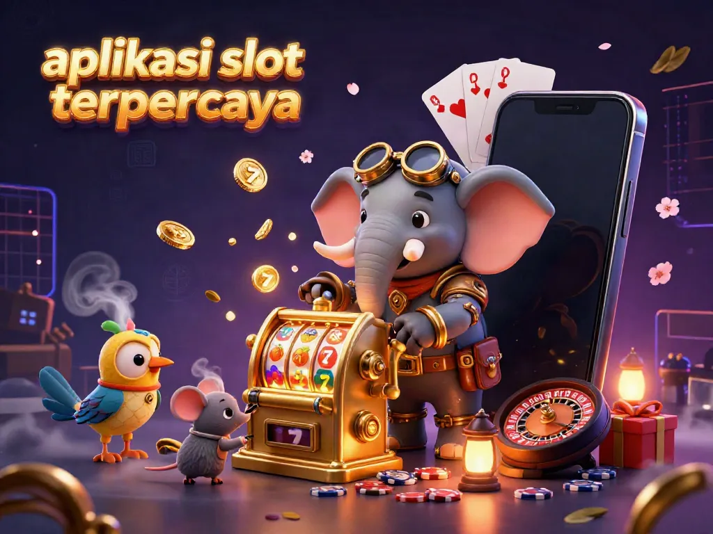 Mainkan aplikasi slot online terpercaya dengan mesin slot emas dan karakter menarik di latar belakang kasino.