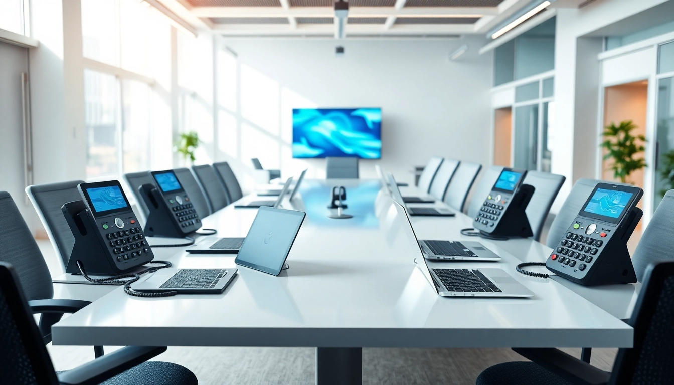 Engaging setup of business phone providers in a modern office, highlighting professional features.