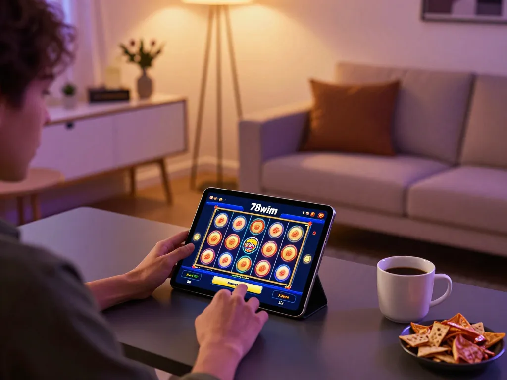 Engaging scene of a player using the 78wim app, focusing on vibrant slot gameplay.