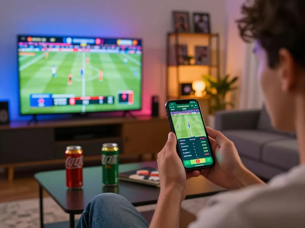 GA88 sports betting action showing a person engaged in wagering on an exciting game in a lively home atmosphere.