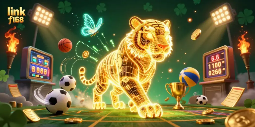 Experience the thrill of gaming at link f168 with vibrant casino elements and dynamic sports balls.