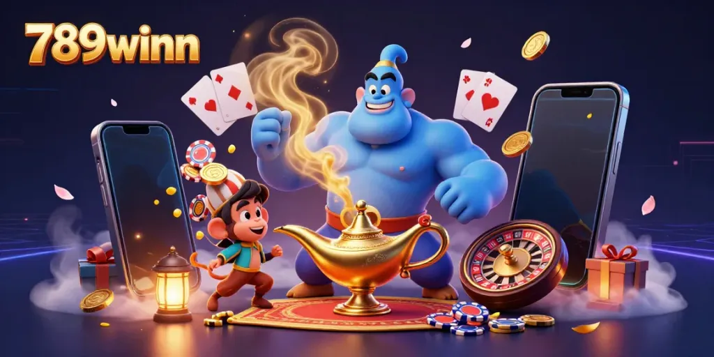 Experience the excitement of 789winn with a colorful 3D genie and casino elements bursting with action.