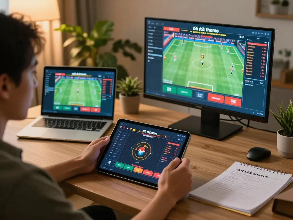 Engaged user experiencing đá gà thomo betting on a tablet, showcasing live matches and betting options in a cozy home setting
