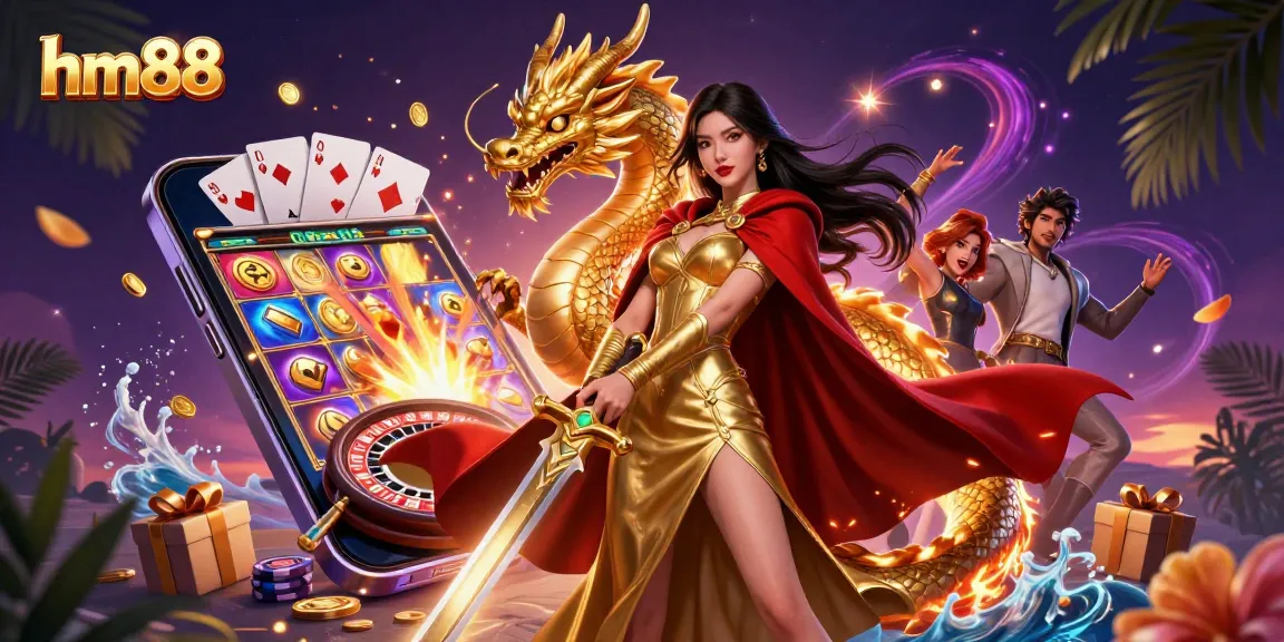 Win big at hm88 with stunning casino visuals showcasing slots, cards, and vibrant characters.