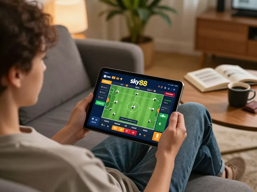 Betting on Sky88 via tablet in a cozy home setup, emphasizing a responsible gambling atmosphere.