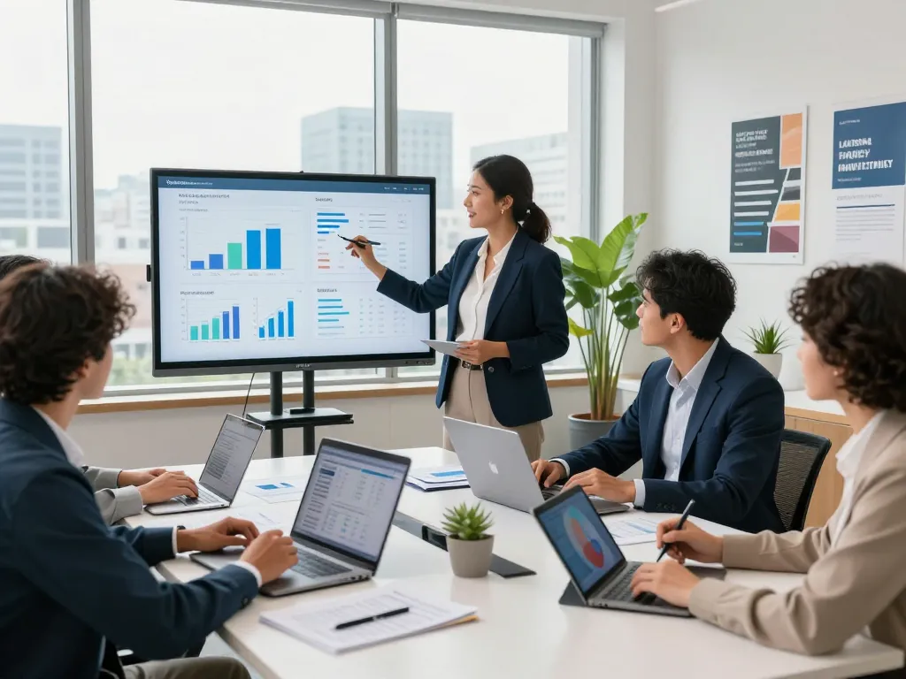 Collaborative digital marketing meeting at https://fabetbiz.com/ with a diverse team analyzing strategies and performance.