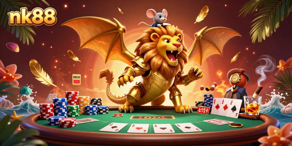 Engage with nk88 by playing an exciting poker game featuring a roaring chimera and colorful chip towers.
