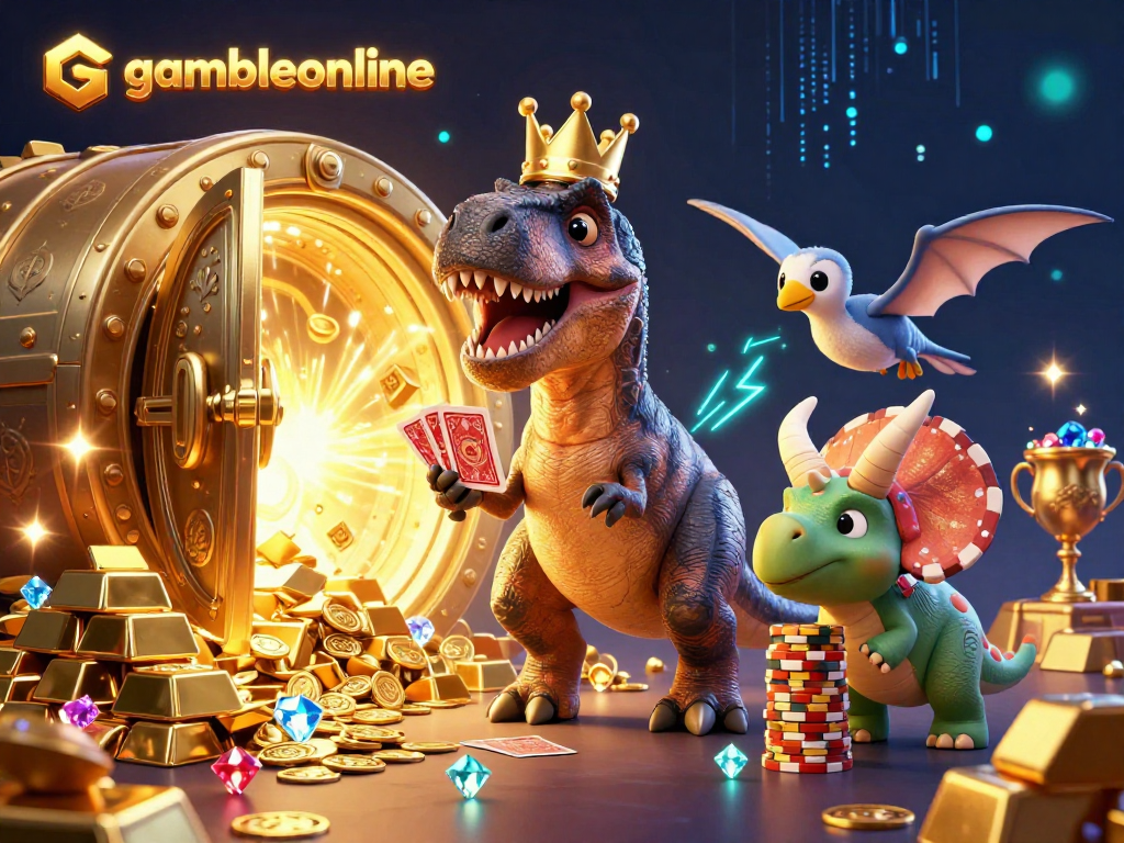 Gambleonline showcases a T-Rex shuffling cards while a pterodactyl assists, surrounded by treasure and vibrant casino elements.