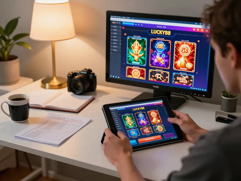 Person engaging in LUCKY88 online betting at a stylish home desk, showcasing dynamic gaming action