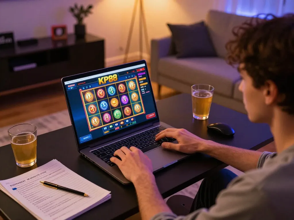 Engaging online gaming scene at https://kp8888.net/ showcasing a player using a laptop with vibrant casino graphics.