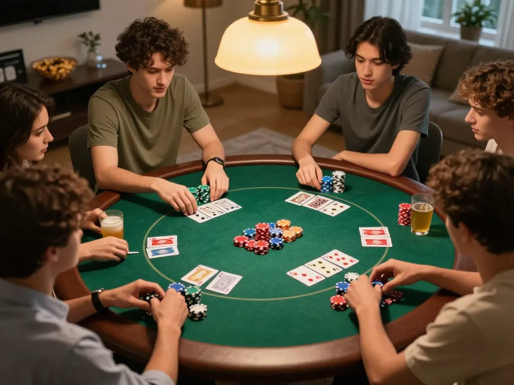 Players enjoying a lively poker game at B52club home night, showcasing strategic gameplay and vibrant chip stacks.