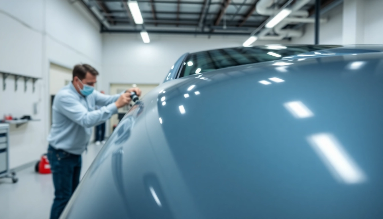 Applying PPF Chattanooga to vehicle surface in a modern workshop setting.
