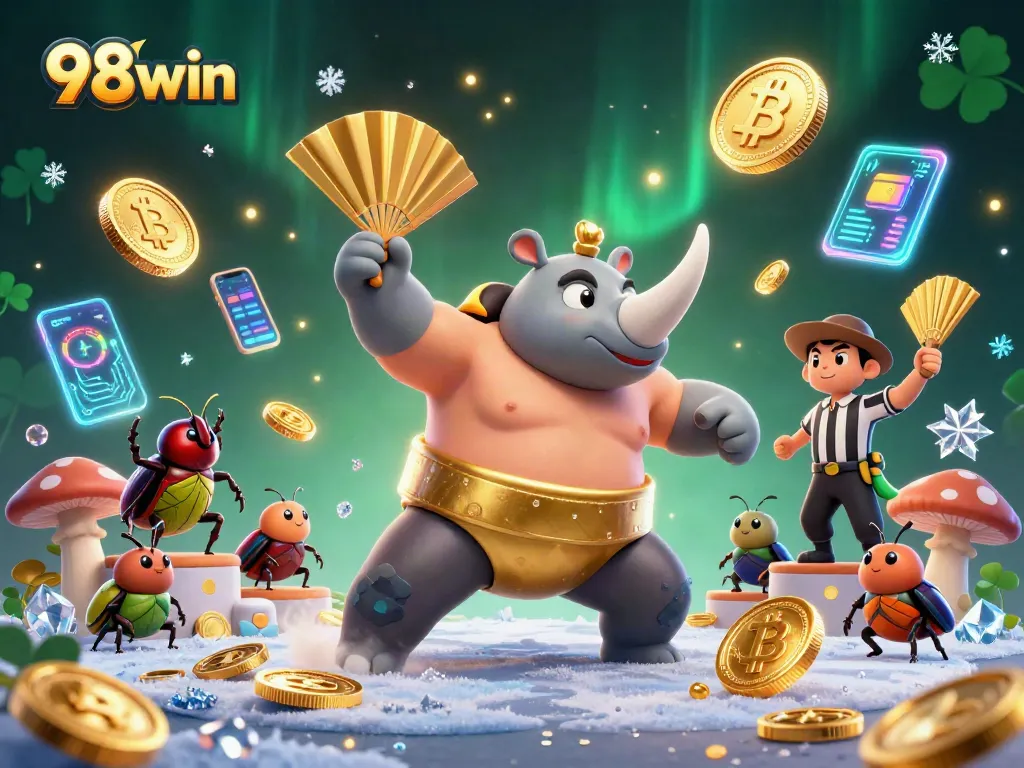 Engage with 98win's vibrant casino scene featuring a sumo champion and dazzling blockchain elements.
