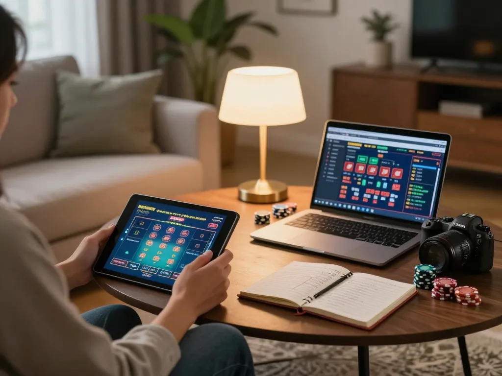 Engaging personal online gambling experience with XOCDIA88 on tablet, stylish home setup enriched with strategy notes.