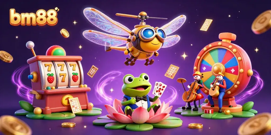 Experience the vibrant action at bm88 with a dragonfly pilot, frog croupier, and lively jazz musicians amidst colorful slot reels and dazzling effects.