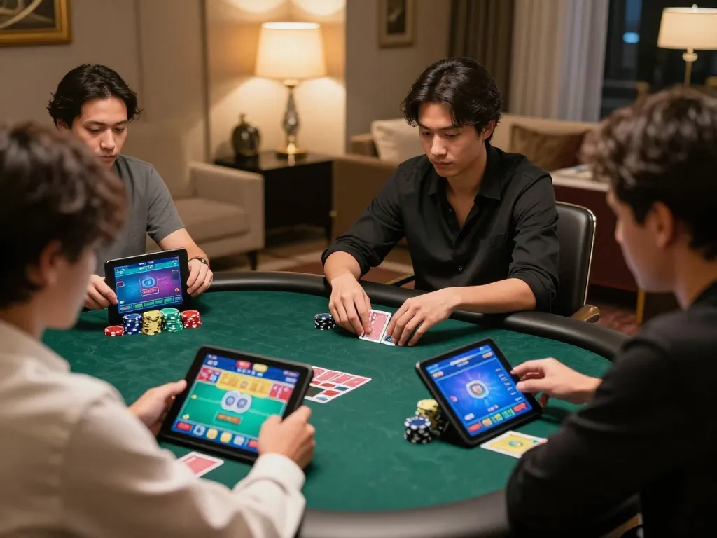 Player engaged in an online poker game at home highlighting nk88 and strategic betting.