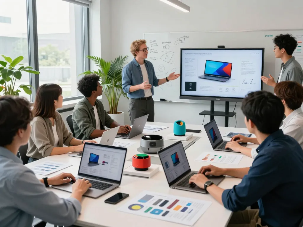 Team collaborating at https://thscrore.com/ tech launch, showcasing innovative ideas and prototypes