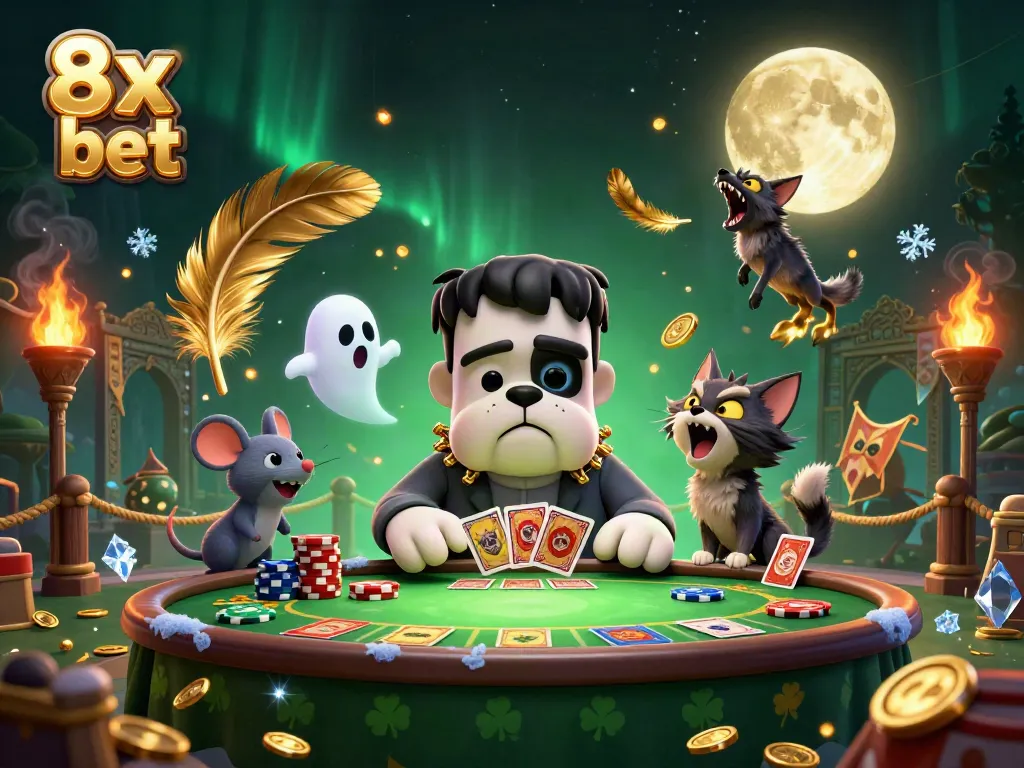 Engage in thrilling gaming with 8x bet at a lively casino scene featuring unique characters.