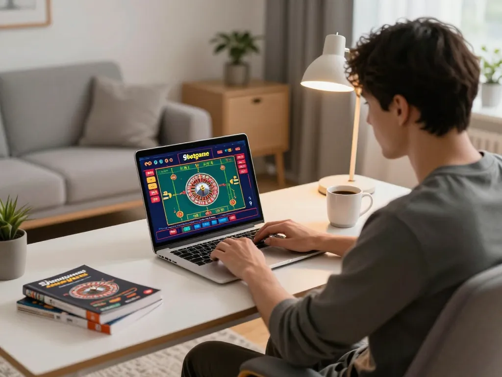 Player immersed in 9betgame online roulette, illustrating a cozy home gaming experience with strategic elements.