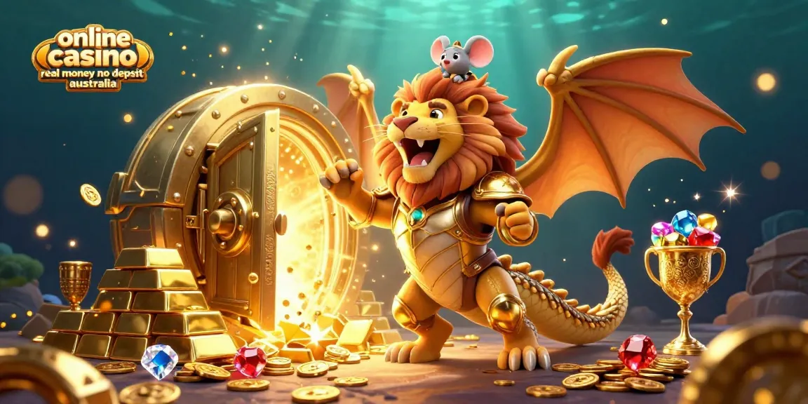 Experience online casino real money no deposit australia with a vibrant golden treasure scene packed with characters and jewels.