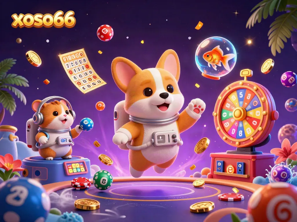 Experience the thrill with xoso66, a vibrant 3D scene showcasing a floating casino in space with colorful lottery elements.