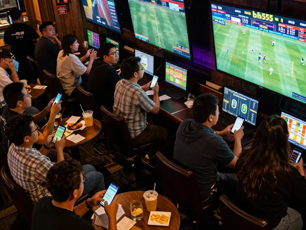 Engaging scene showing sports betting action at bl555, with enthusiastic players placing bets and celebrating.