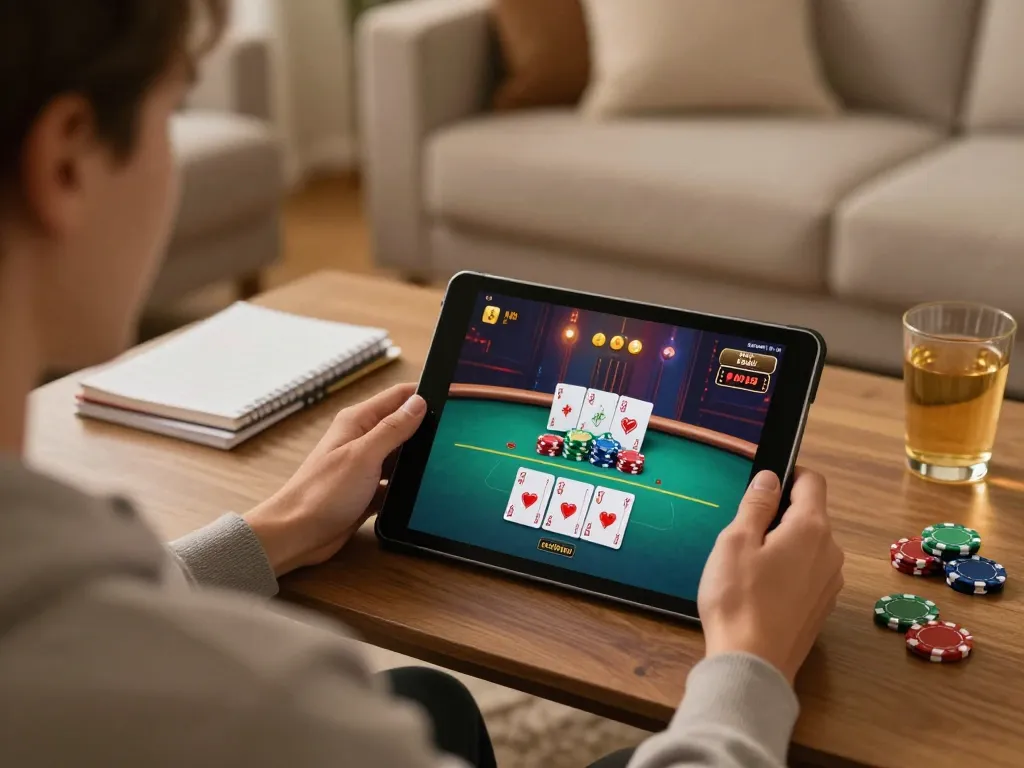 Play online poker on co88 using a tablet in a cozy home setting, showcasing an engaging gameplay experience.