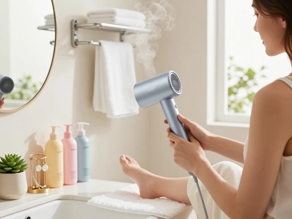 Laifen hair dryer in use during a serene morning beauty routine, showcasing sleek design and vibrant bathroom setting.