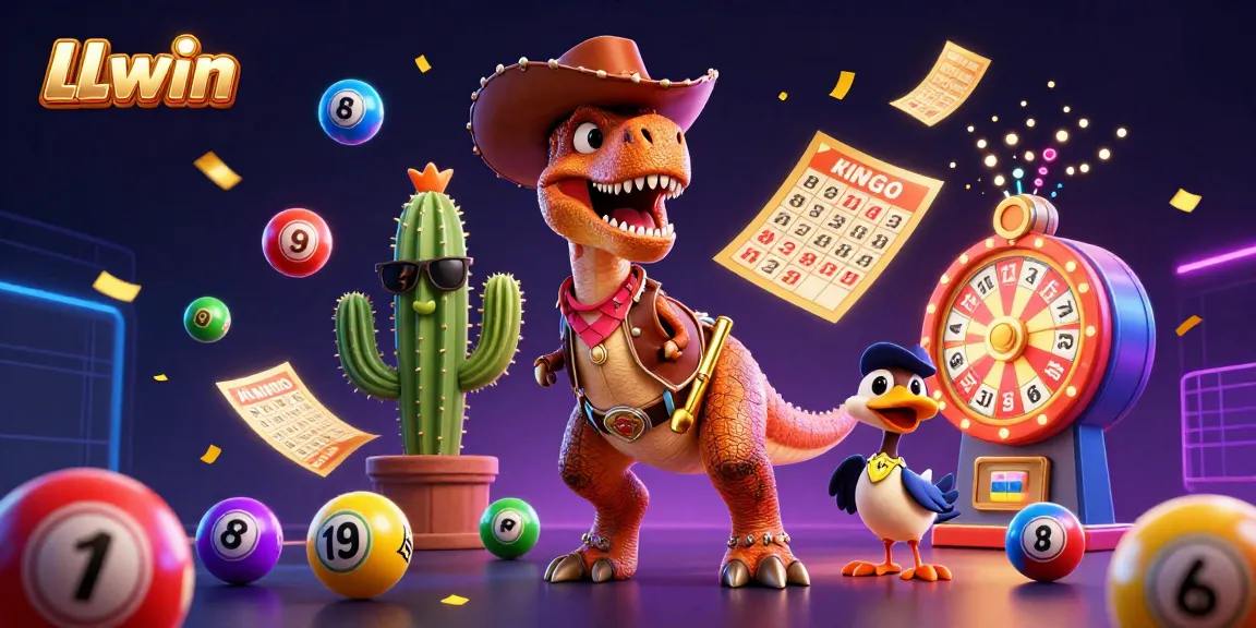 Spin to win with LLwin as a dinosaur and friends celebrate in a colorful casino scene.