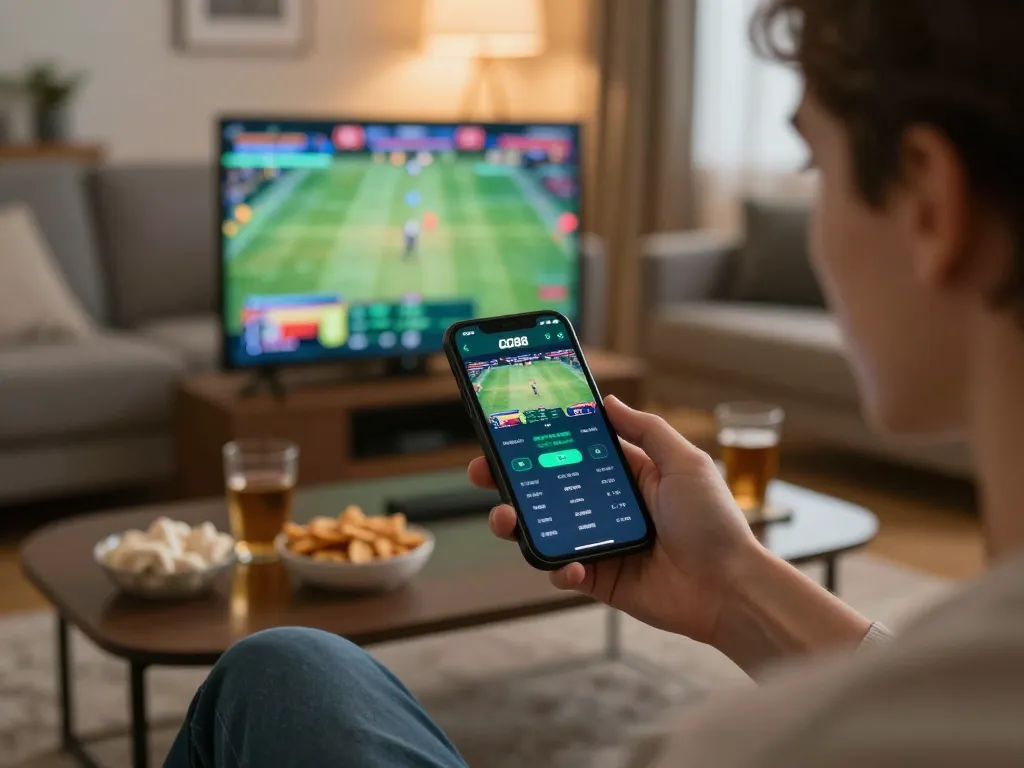 Experience the excitement of GG88 sports betting on a smartphone in a cozy living room setting