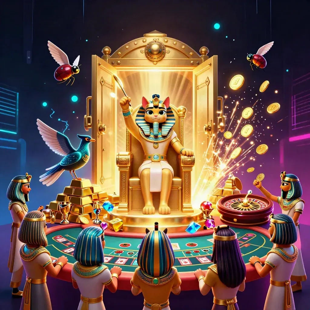 Pharaoh cat, ibis scribe and gem-winged scarabs amid a bursting vault and casino riches