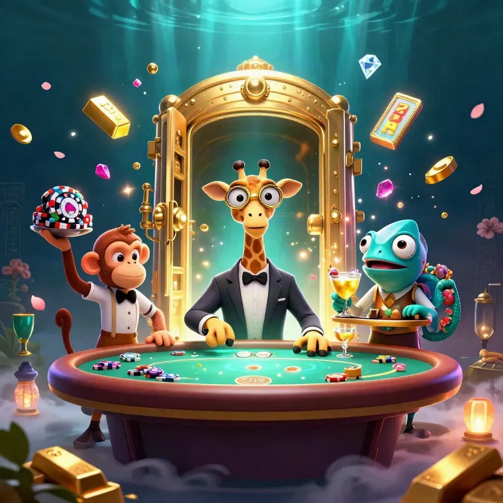 Giraffe high roller, monkey valet, and chameleon bartender amid casino loot and a glowing vault door