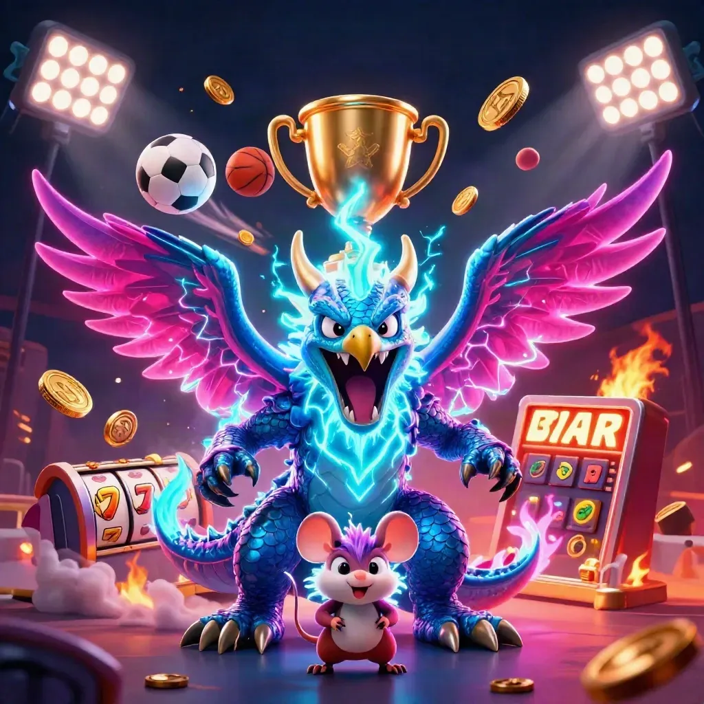 Thunder dragon, hawk, and mouse with casino effects, coins, reels, and neon lightning