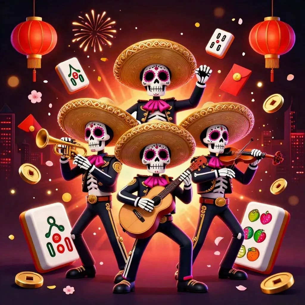 Three skeleton mariachi heroes with casino symbols, neon glow, and festive gold effects