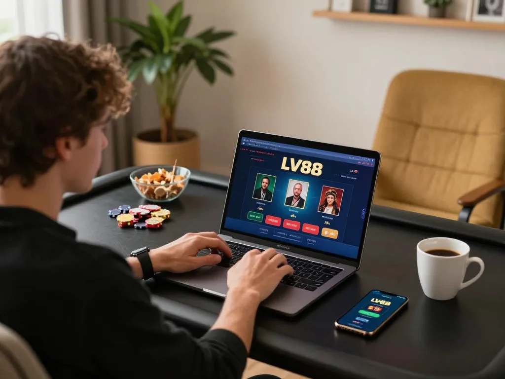 Engaging online player using LV88 to strategize and enjoy poker games in a cozy setup.